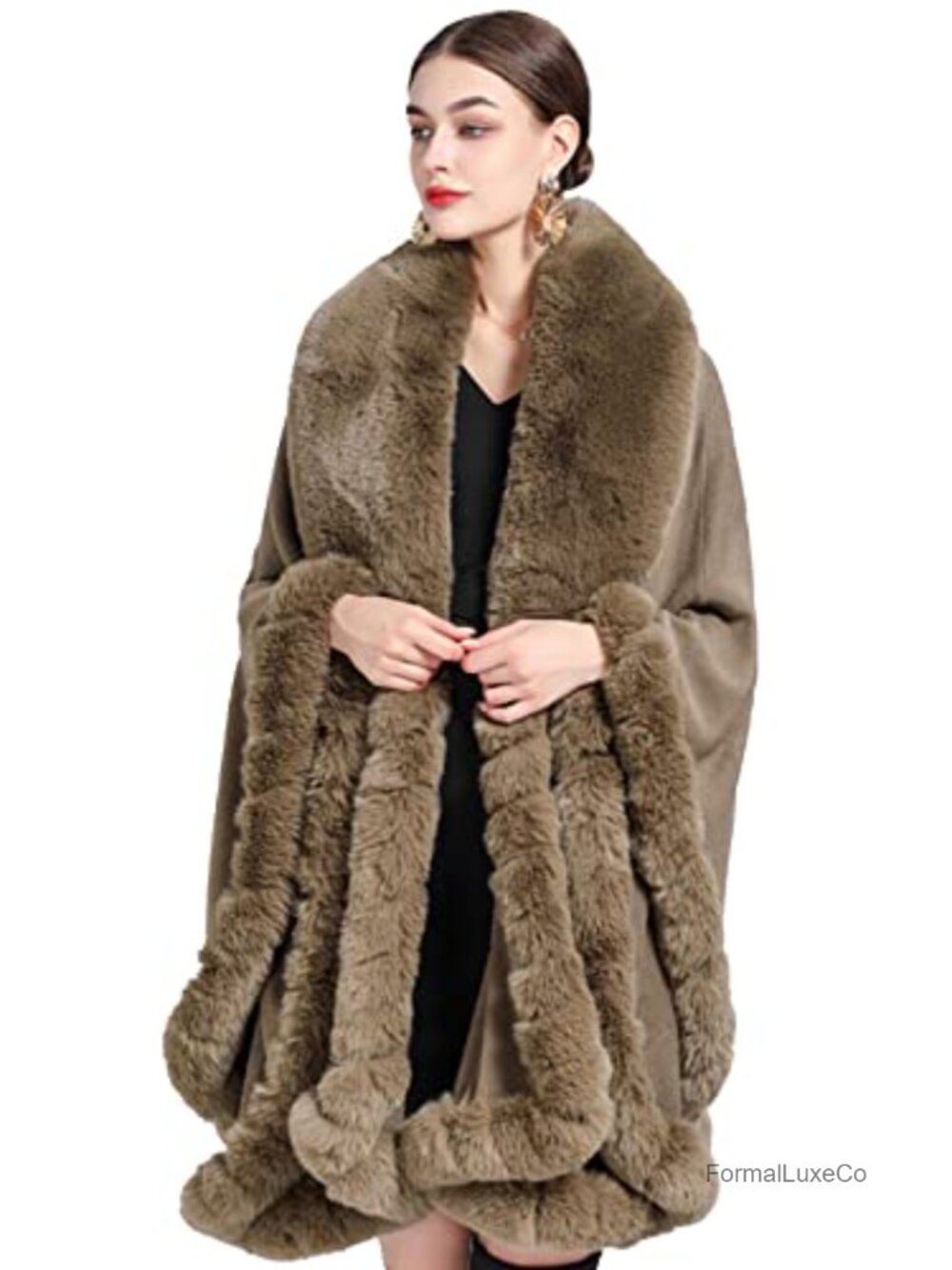 Faux Fur Collar Poncho Cape Shawl Wrap Women Evening Party Knit Cloak